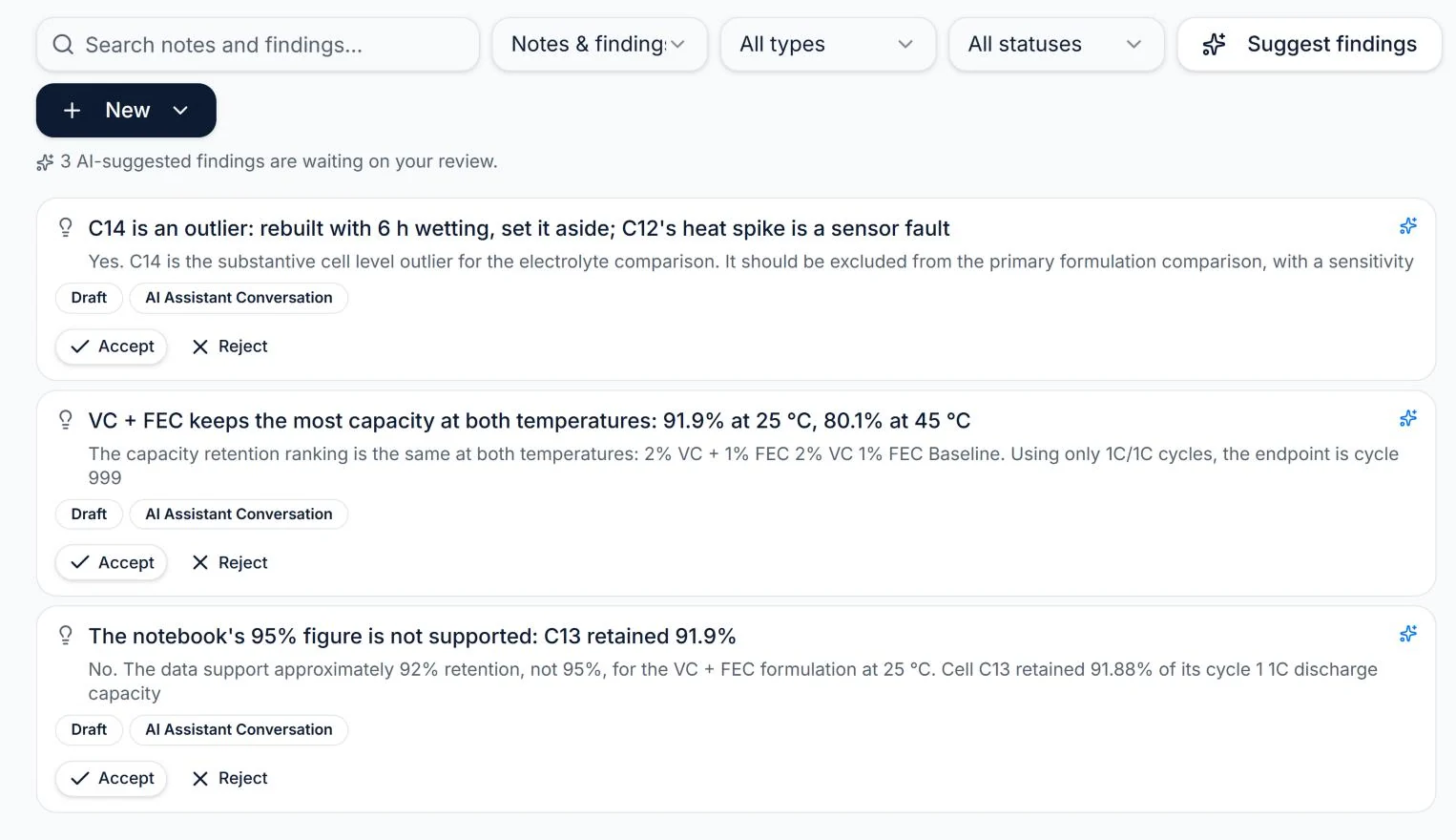 URIQA Notebook with three AI-suggested findings waiting for review
