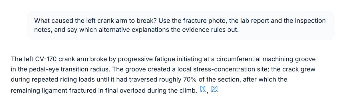 URIQA answer: the crank arm broke by progressive fatigue that started at a machining groove