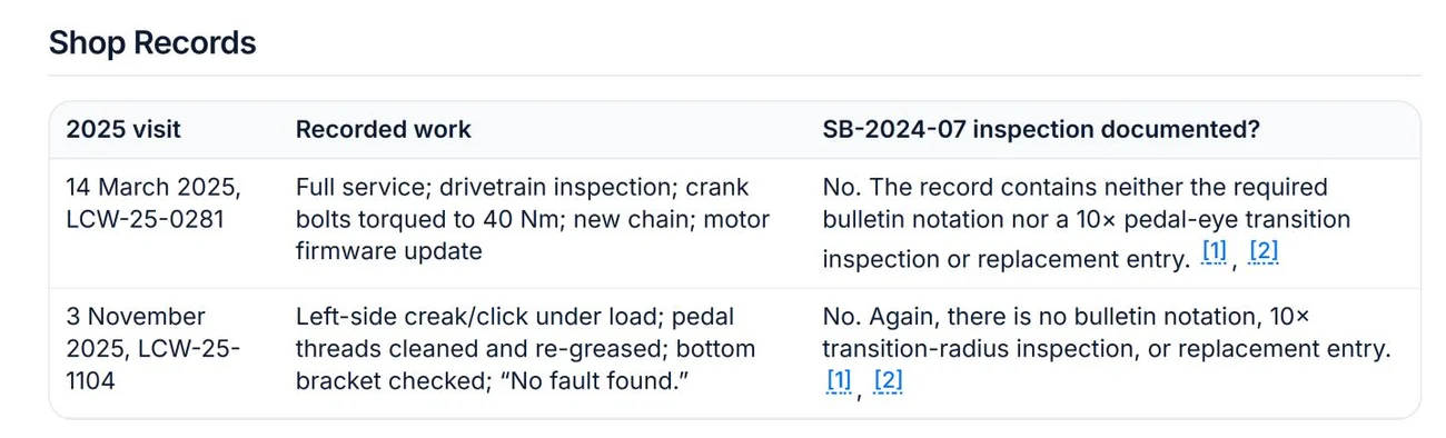 Table of the two 2025 service visits, each showing no documented SB-2024-07 inspection