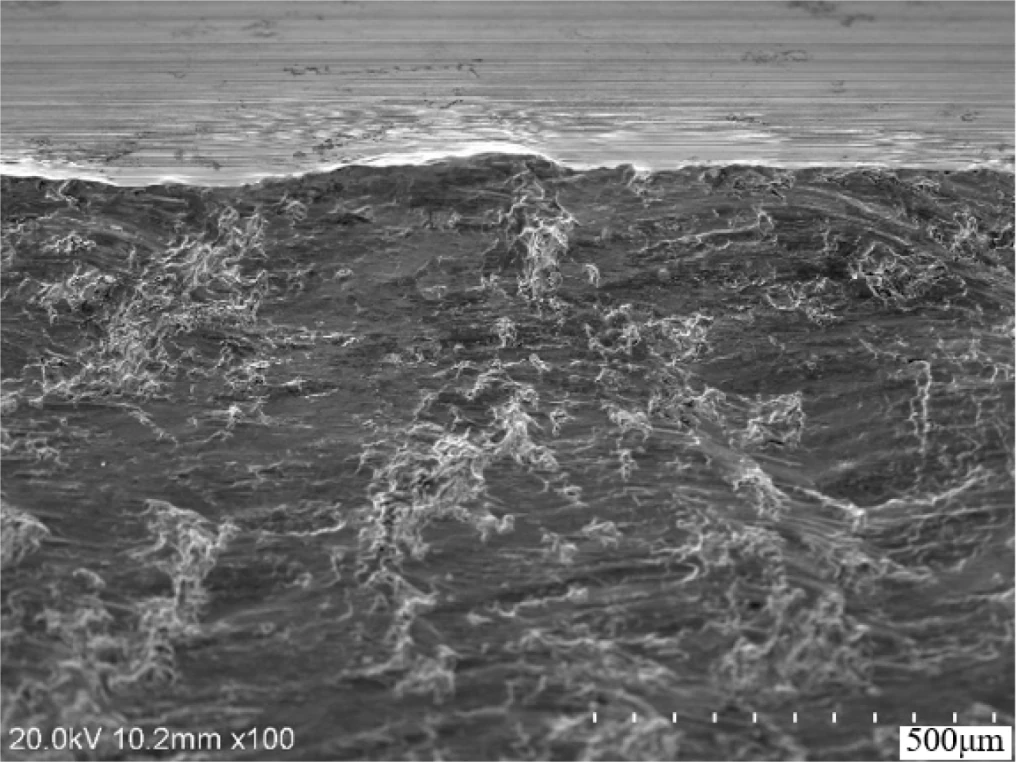 Scanning electron micrograph of a fatigue crack starting just below a machined surface